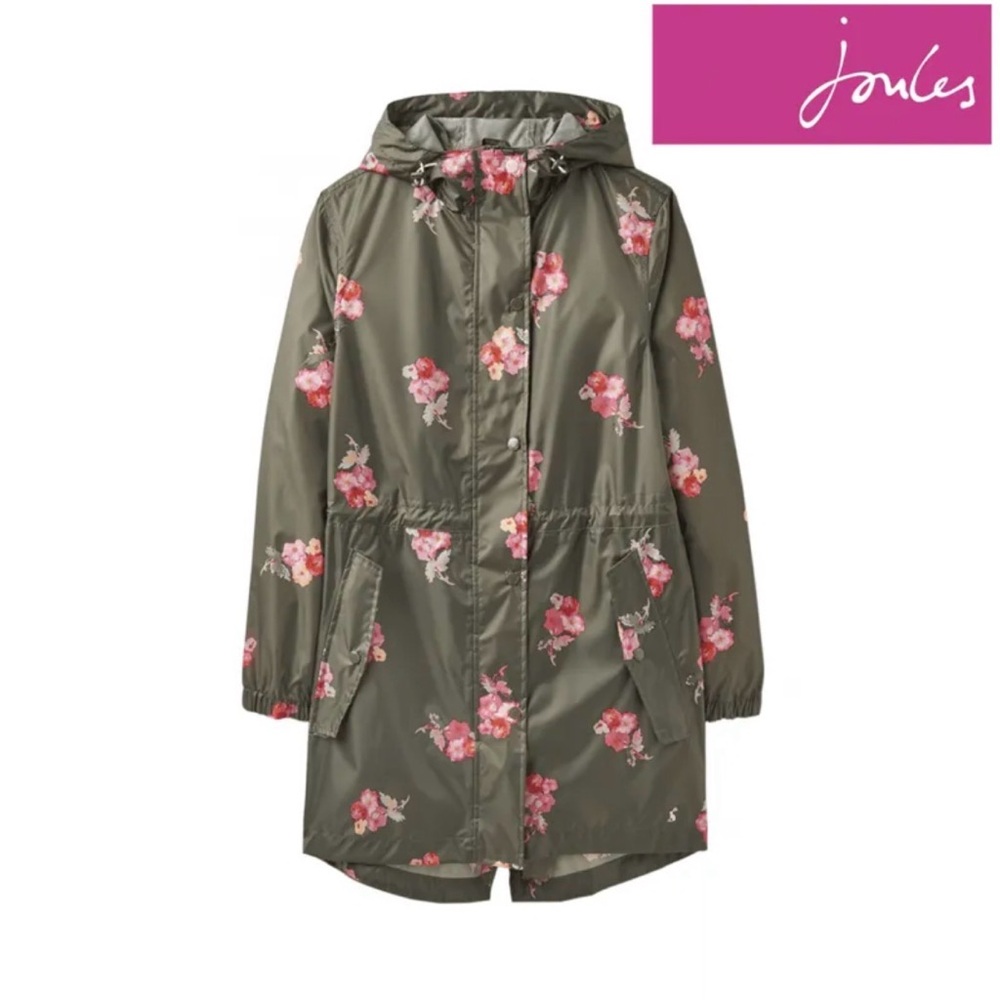 Joules Go Lightly Waterproof Green Floral Packable Rain Jacket Size US 6